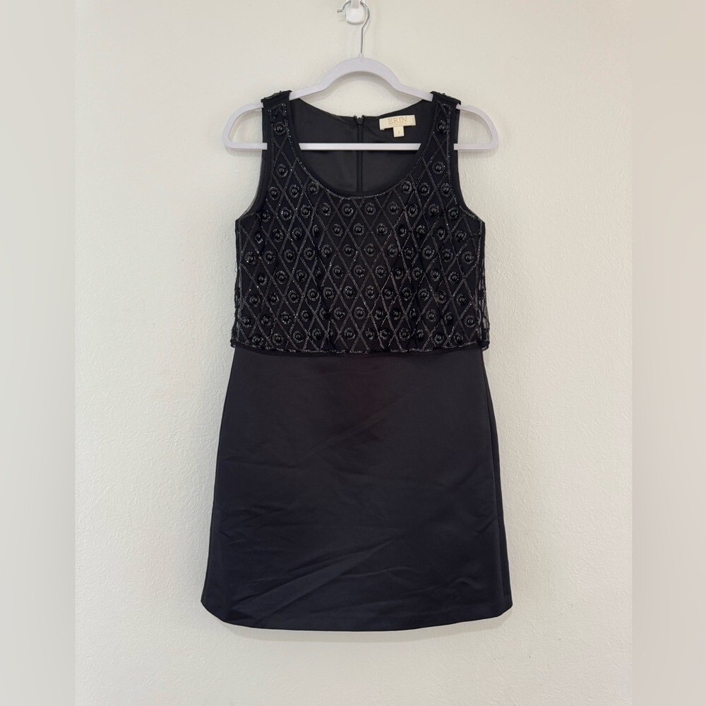 ERIN‎ Erin Fetherston Black Beaded Sequined Mesh Mini Dress Size 2 (712)
